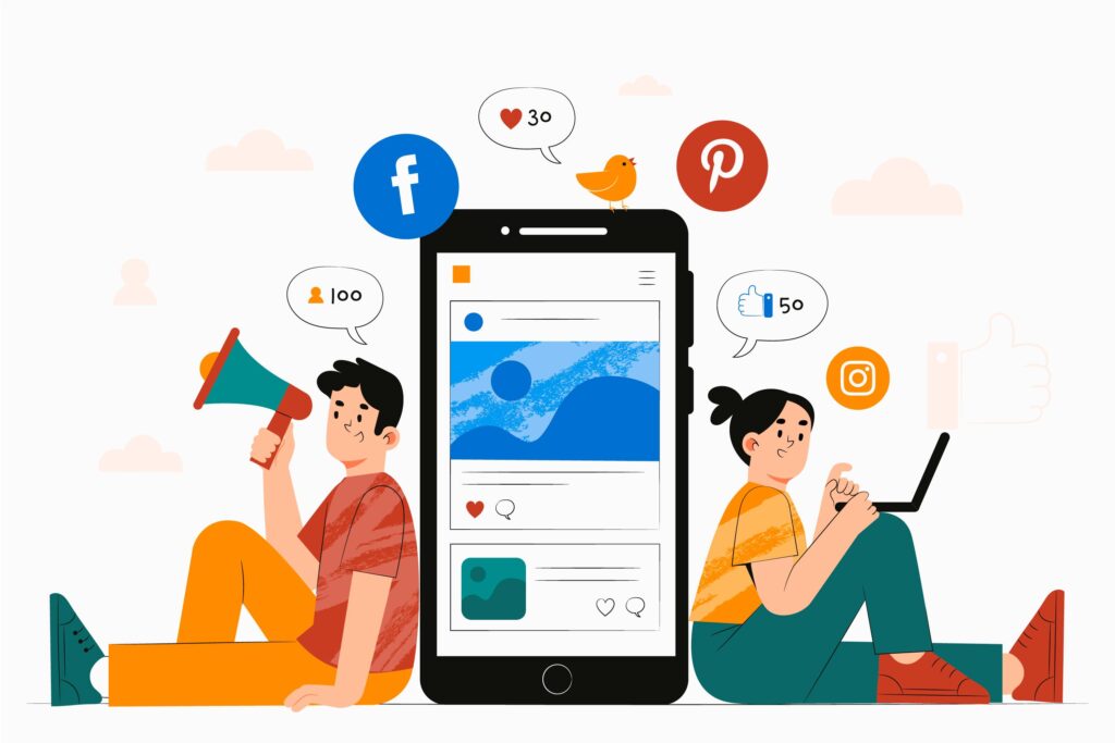 Digital marketing in Delhi concept showing social media advertising, content promotion, and online engagement on Facebook, Instagram, and Pinterest.